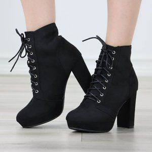 Womens High Heeled Ankle Boots Lace Up Platform Bootie Black Faux Suede